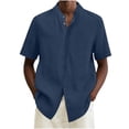 thumbnail image 3 of BiZtdJrK Hawaiian Shirts for Men Casual Button Down Linen Summer Tops Solid Color Stand Collar Short Sleeve Tshirts Navy L, 3 of 6