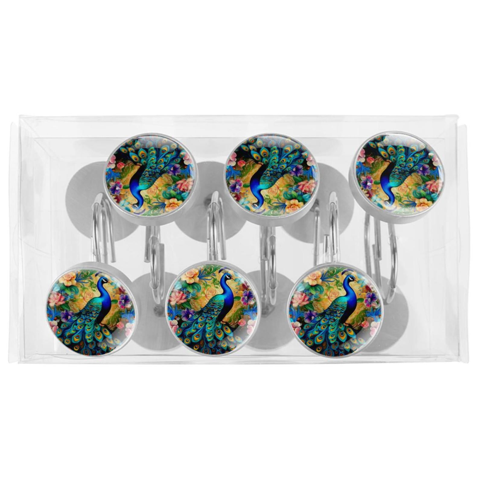 Peacock Shower Curtain Hooks （Set of 12） for Home Hotel Shower Rods Bathroom Crystal Glass Print Stainless Steel Round Curtain Hooks