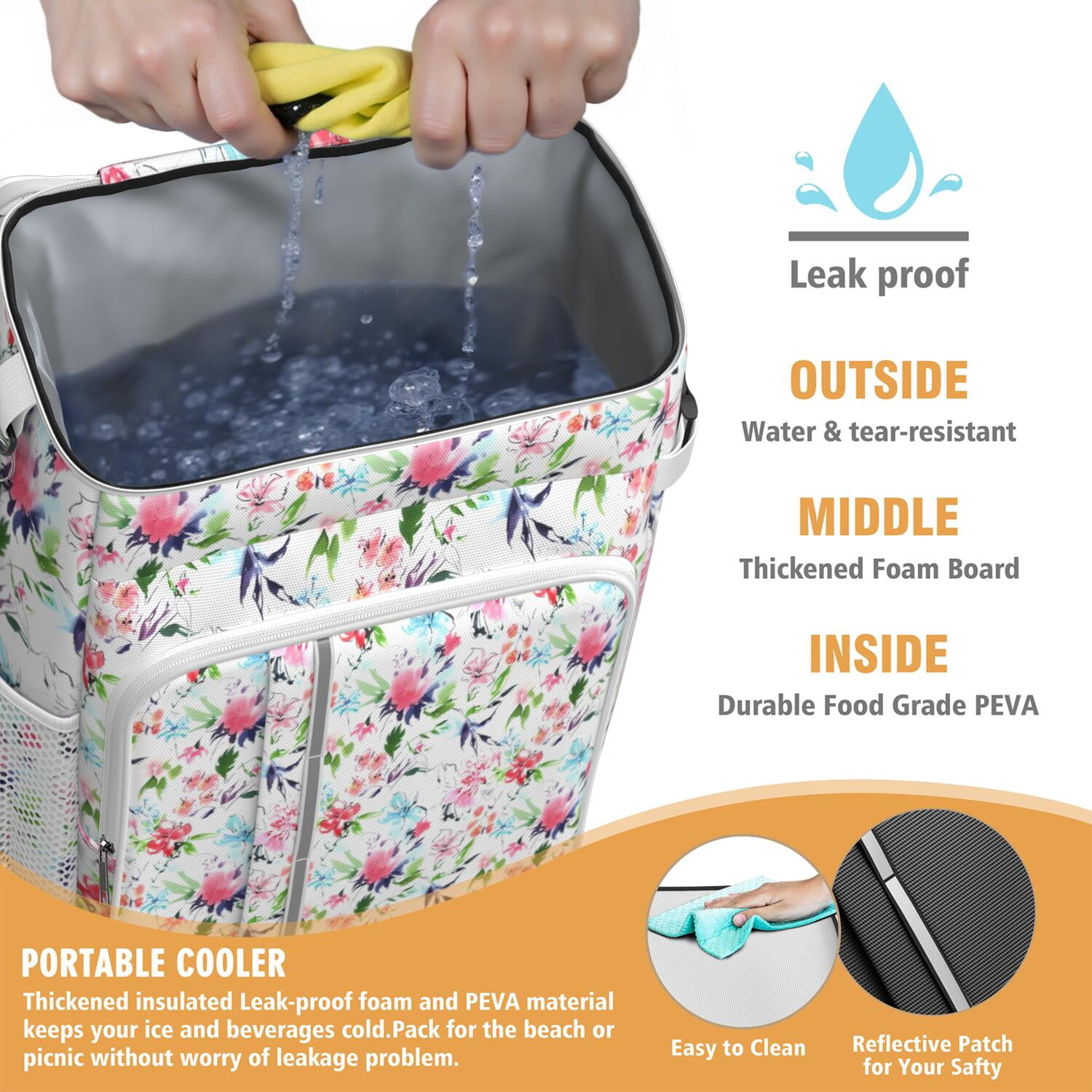 Travel Cooler Bag - Pioneer Flower Floral Print Pattern Camping Beer Cooler Backpack with Bottle Opener- Waterproof Insulated Picnic Backpacks - Cooler Bag for Beach