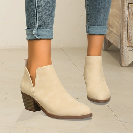

Women‘s Stacked Heel Short Boots Pointed Toe Chunky Heeled Solid Color V Cut Ankle Boots Women‘s Fashion Footwear