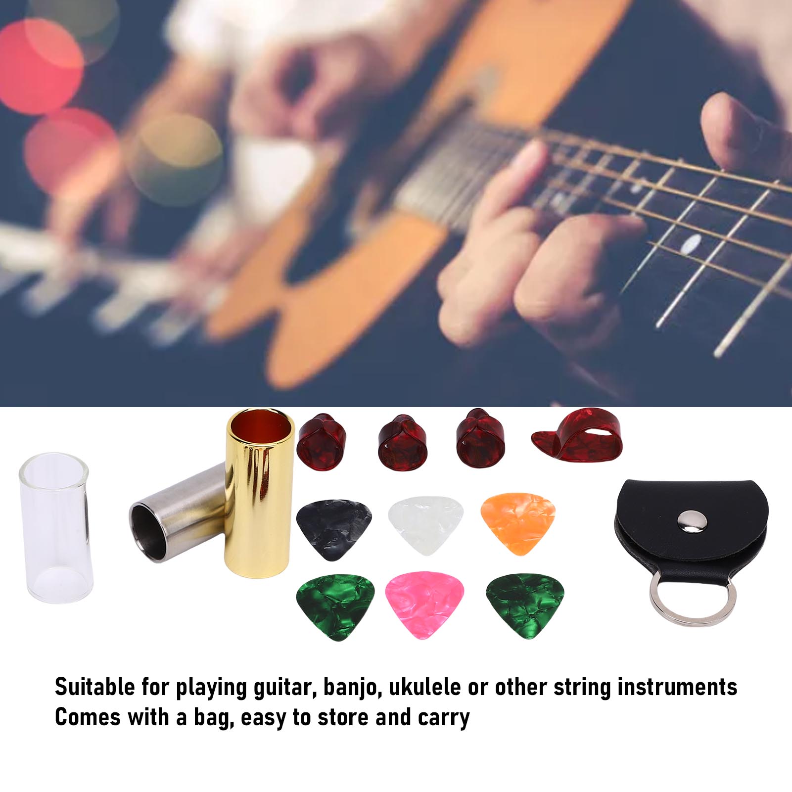 YAHHU 15-Piece Guitar Slide Pick Set 60mm / 2.36 inches Glass Brass Stainless Steel Slides with Finger Picks Holder Storage Bag for Acoustic Electric Bass