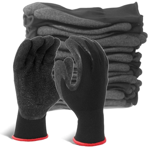 EvridWear 12 Pairs Black Latex Rubber Coated Safety Work Gloves Men Women Construction Warehouse Gardening (M)