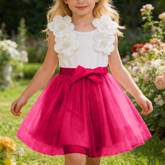 Kids Girls Layered Tulle Dress Red Sleeveless Birthday Dress Graduation Dress Outfit 5-6 Years