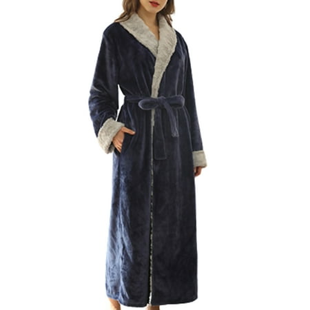 

ADVEN Bathrobe Polyester Men Extra Plus Size Thick Robe Hooded Coral Nightgown Warm Cozy Comfortable Soft Clothing Autumn Homelike Navy Women M