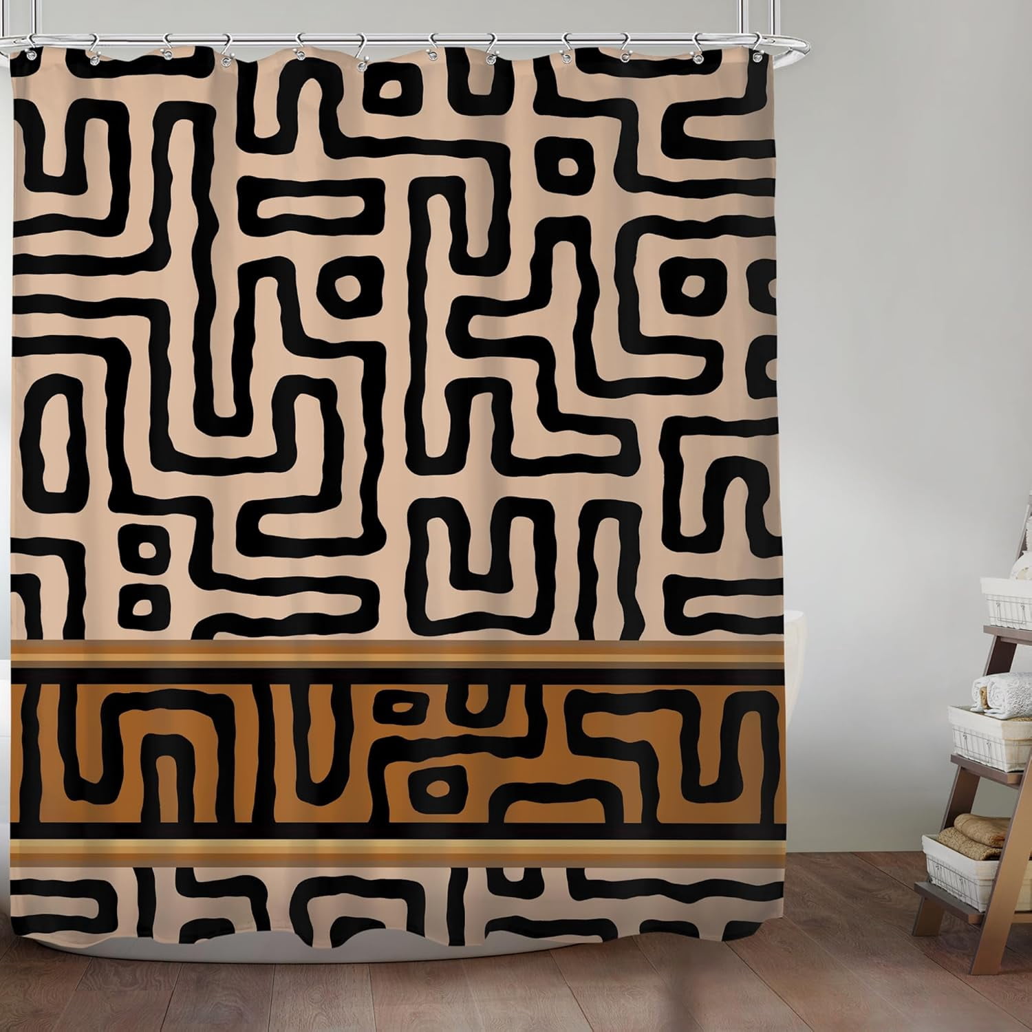 Abstract Tribal Shower Curtain for Bathroom Decor 72Wx72H Inches Indian Aztec African Boho Brown Striped Ethnic Modern Minimalist Geometric Man Boys Fabric Waterproof Polyester 12 Pack Hooks