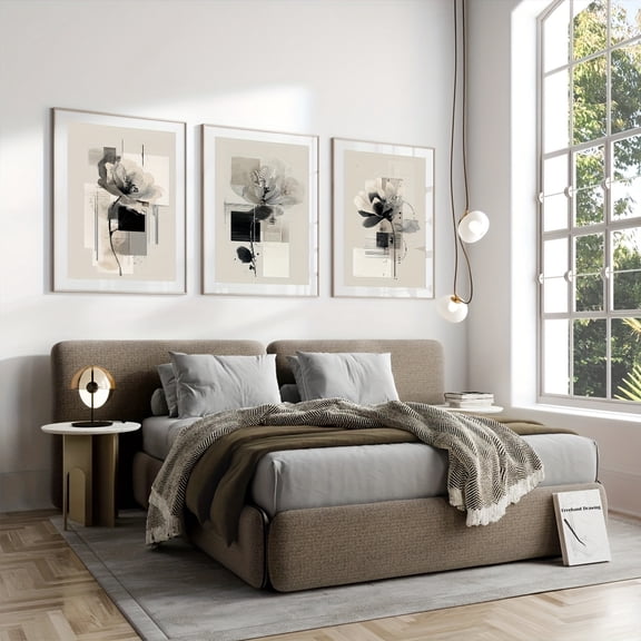Abstract Modern Floral Art Poster Set of 3, Minimalist Black and White Canvas Prints, Frameless Gallery Wall Decor, Botanical Bedroom Accents, Indoor Home Office & Dining Room Wall Art, Indoor Wall