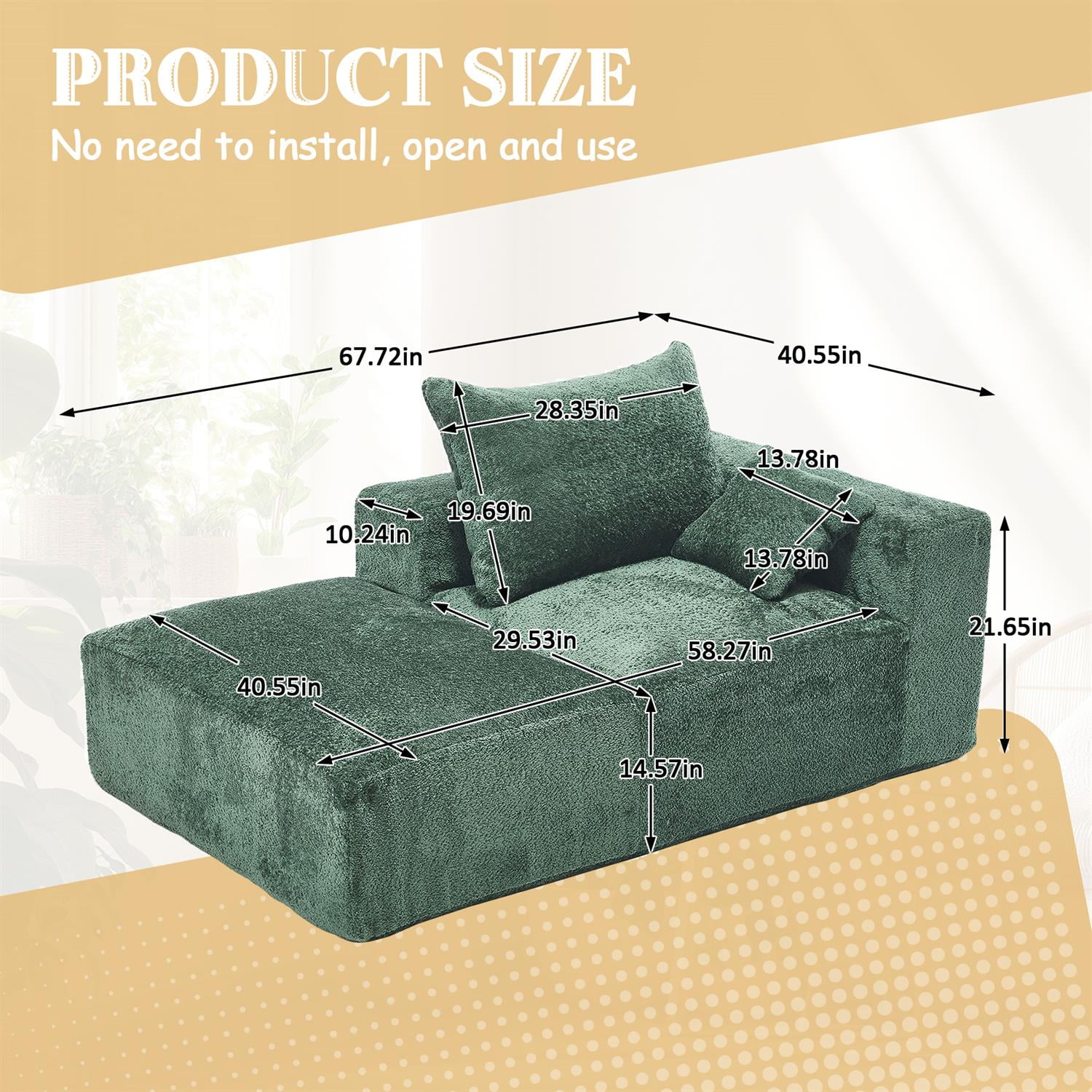 Demi Bonn 67" Memory Foam 2-Seater Sofa, Comfy Chenille Fabric Couch, No Assembly Needed, Portable Modern Deep Seat for Living Room, Bedroom, Apartment, Green