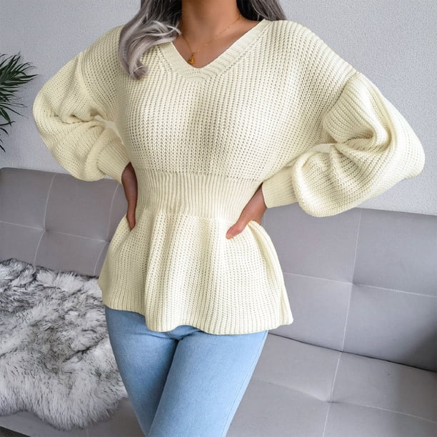 Lantern Sleeve Tight Waist Sweater, Skin Friendly Women Autumn Winter Knitted Sweater For Home