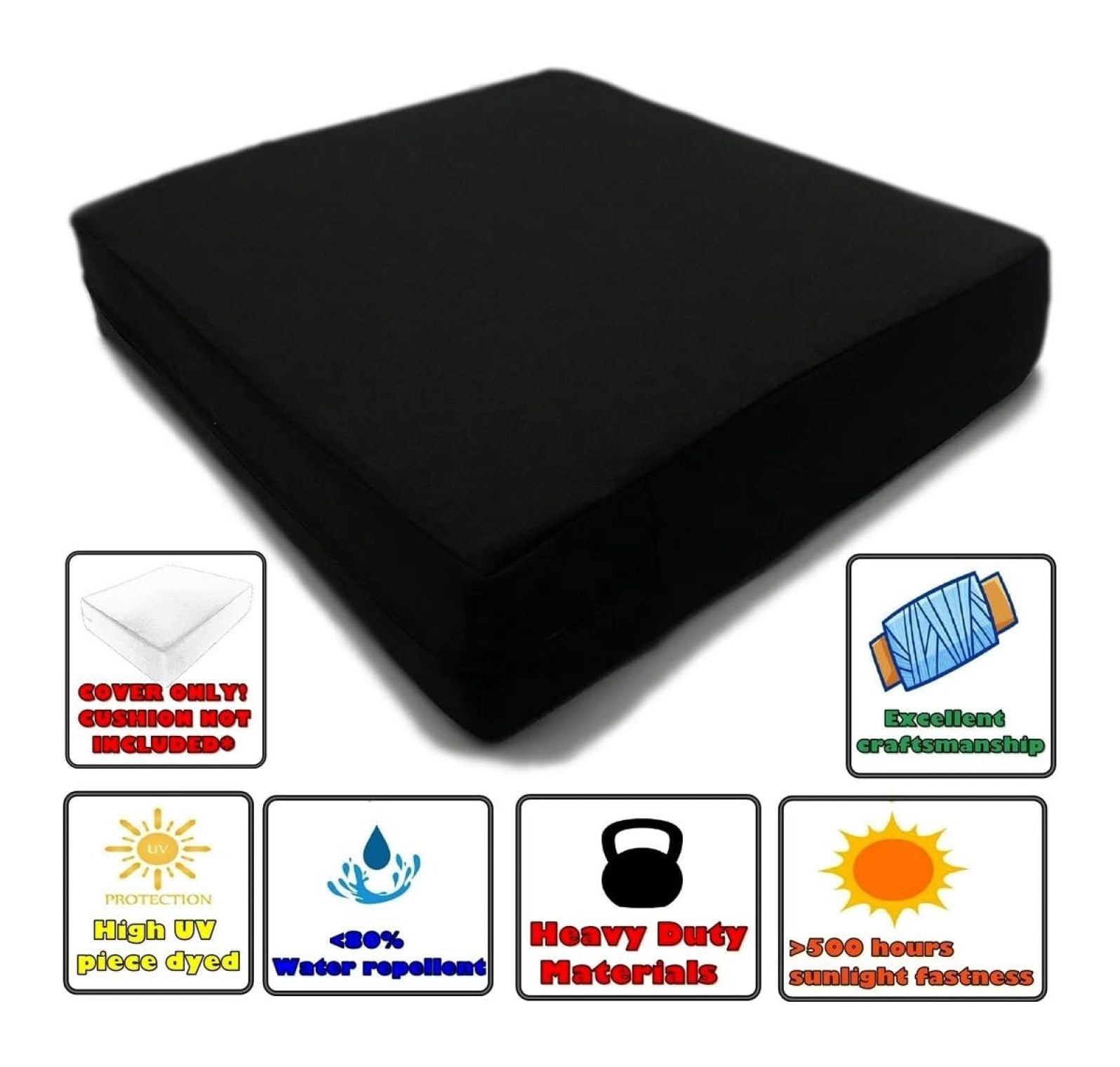 UV Resistant Indoor Outdoor Patio Chair Cushion Cover, Black, 24 x 24 x 4 Inches, 4 Pack