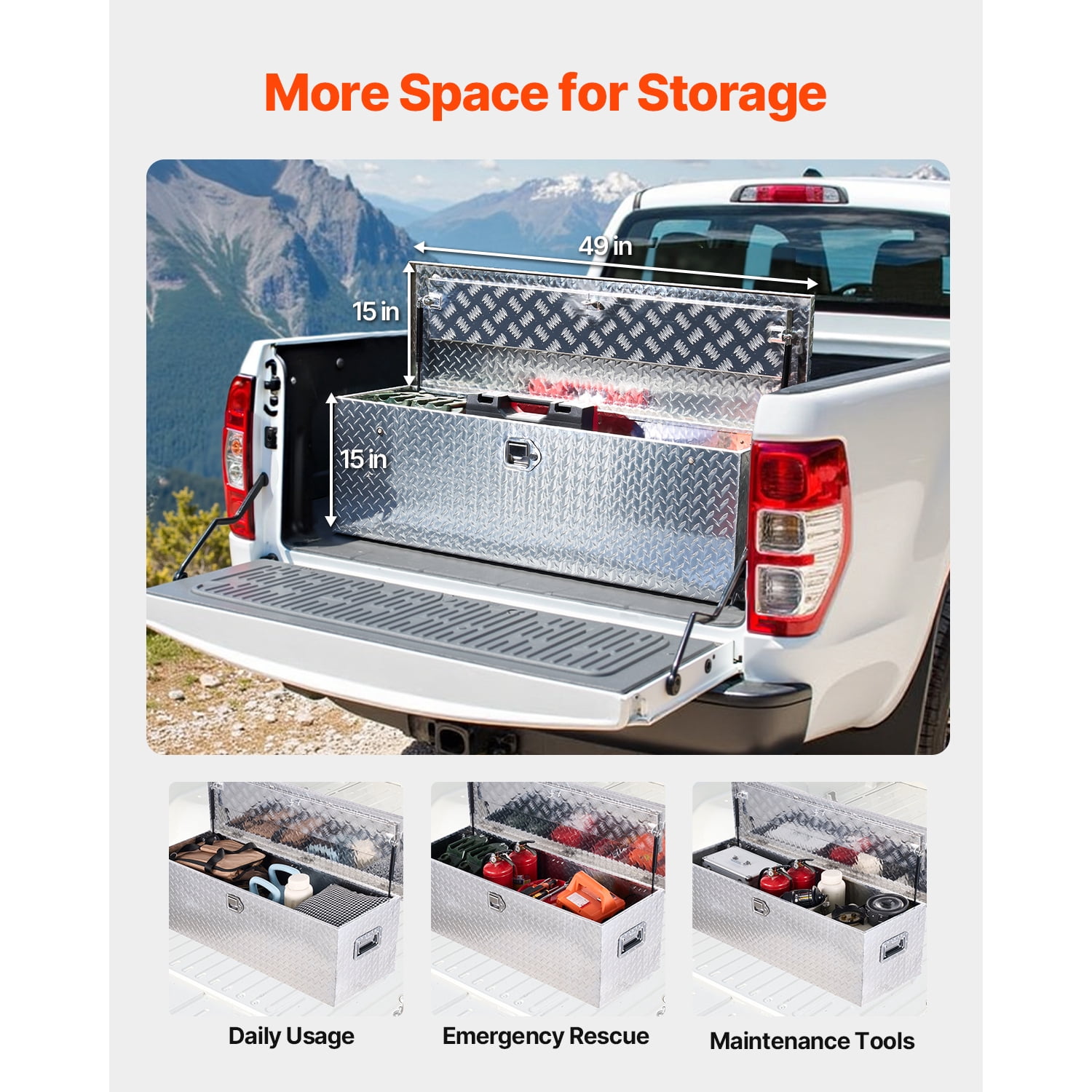 KFFKFF Heavy-Duty Aluminum Truck Bed Toolbox, Diamond Plate Storage Chest with Side Handles and Locking Mechanism, Organizer for Trailers, Pickups, Truck Beds, and RVs, 49"x15"x15", Silver