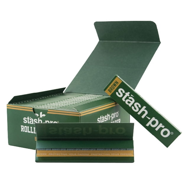 papel para fumar premium rolling paper caja con 50 pzs caja verde Stash Pro abierta con 50 libros de papel 1 1/4" (44x78 mm); papel arroz ultra fino blanco de fibras naturales, tira de pega visible y estuche a granel que protege los libros; también suele emplearse para guardar papeles de repuesto en kits de viaje.