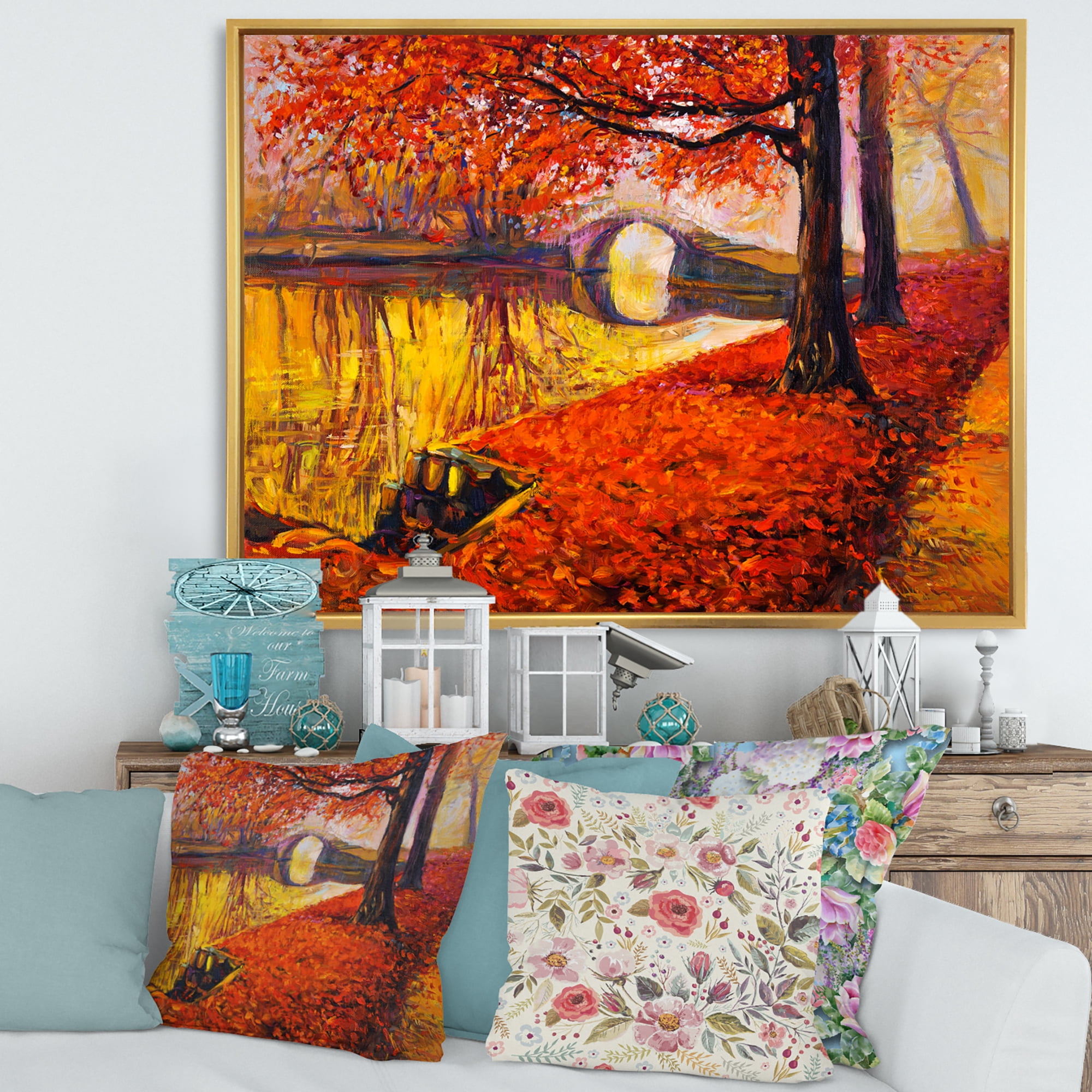 Little Bridge In Deep Orange Autumn Landscape I 32 in x 24 in Framed Painting Canvas Art Print, by Designart