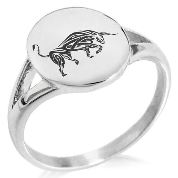 Stainless Steel Celtic Bull Rune Minimalist Oval Top Polished Statement Signet Ring