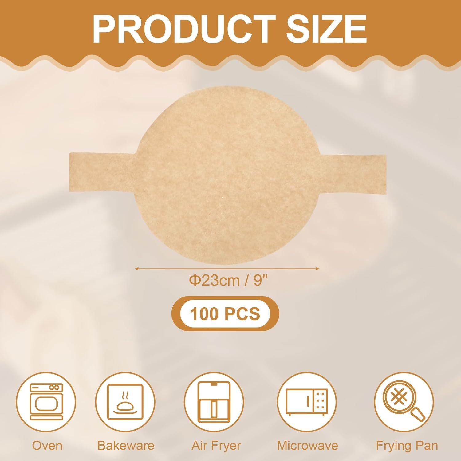 JJEAN-9 Inch Round Parchment Paper, Non Stick Circle Baking Sheets Paper Precut Liners with Lift Tabs for Air Fryer Cake Baking Cake Pan (Wood Color, Pack of 100)