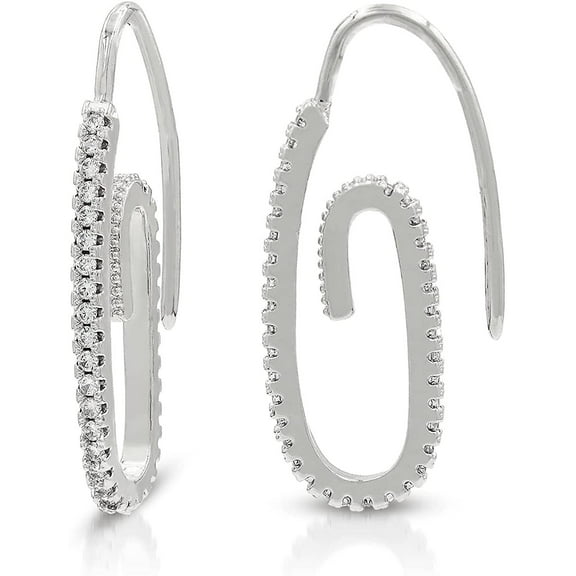 White Gold Plated Micro Pave Paper Clip, CZ Cubic Zirconia Ear Threader Earring, Giorgio Bergamo Silver
