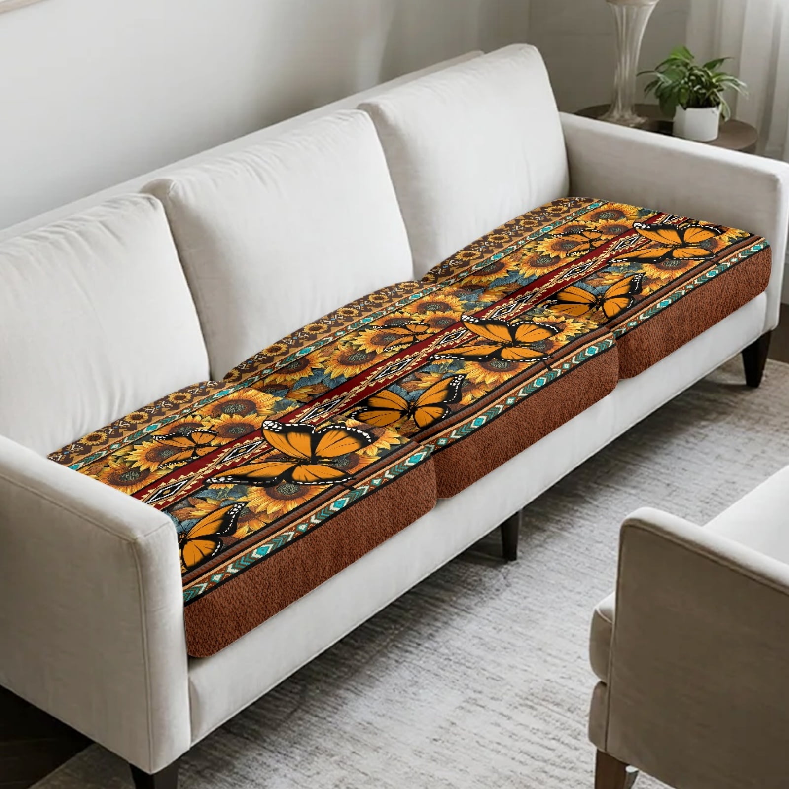 COEQINE Stretch Sofa Cover Fitted Individual Couch Cushion Cover Patterned Seat Cushion Slipcover Pet Sofa Slipcover Replacement for Living Room, 3 Pack, American Tribal Butterfly Sunflower