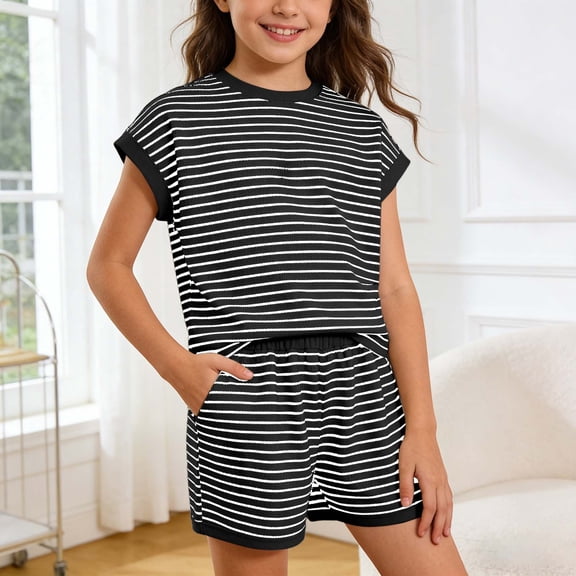Letdown Outfit Sets For Toddler Girls Summer Casual Two Piece Loose Side Opening Shirt Cycling Shorts Suitable 5 13 Years Kids Clothing Sets,Back To School,Halloween,Daily Wear