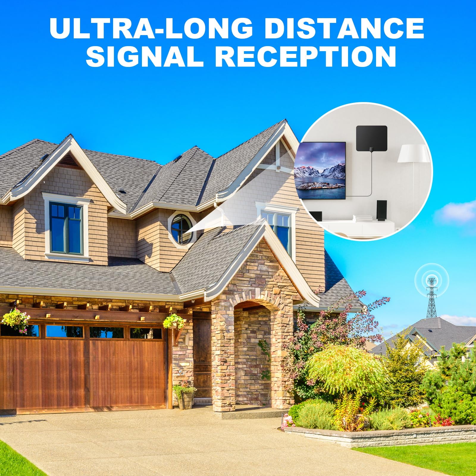 Genreen TV Antenna Indoor Long Range 900 Miles, Supports 4K 1080p Smart TV Signal Reception with Signal Amplifier 16.5ft HDTV Coax Cable