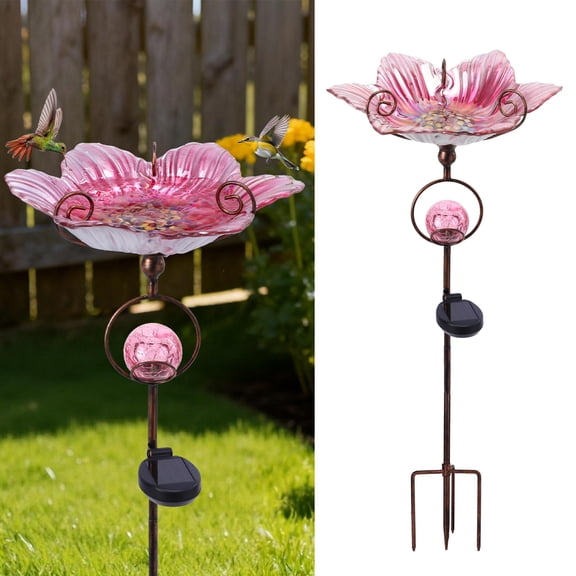 Glass Bird Baths for Outdoors, Flower Bird Baths Bowl with Solar Crackle Glass Globe Lights Decorations and Metal Stake for Outdoor Garden Yard Lawn Outside, Pink