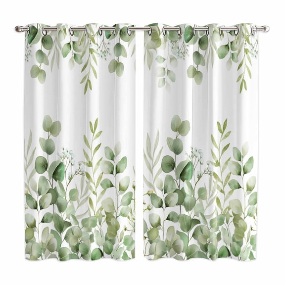 Curtains 63 Inch Length 2 Panels, Light Green Eucalyptus Leaves Grommets Window Treatment Curtain, Watercolor Spring Summer Botanical Thermal Curtains Drapes for Living Room/Bathroom