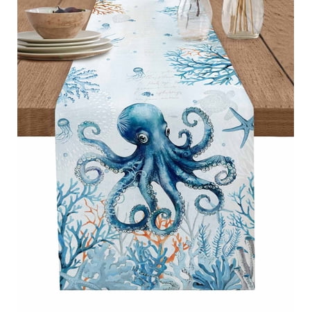Octopus Table Runner Blue Coastal Starfish Ocean Coral Nautical Tablerunners 13 x 60 Inch Table Decorations Tabletop Scarf for Summer Gathering Holiday Farmhouse Kitchen Dining Decor