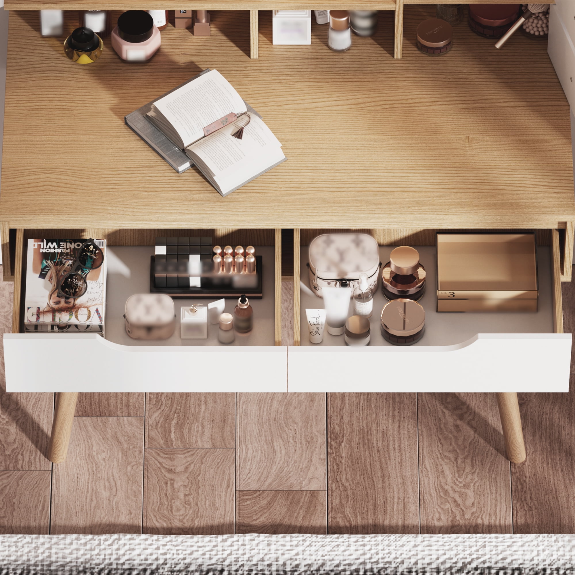 Montary Vanity Desk w/ 3 Modes LED Mirror & Solid Wood Legs | 4 Drawers + 3 Shelves | Small Space Bedroom Set