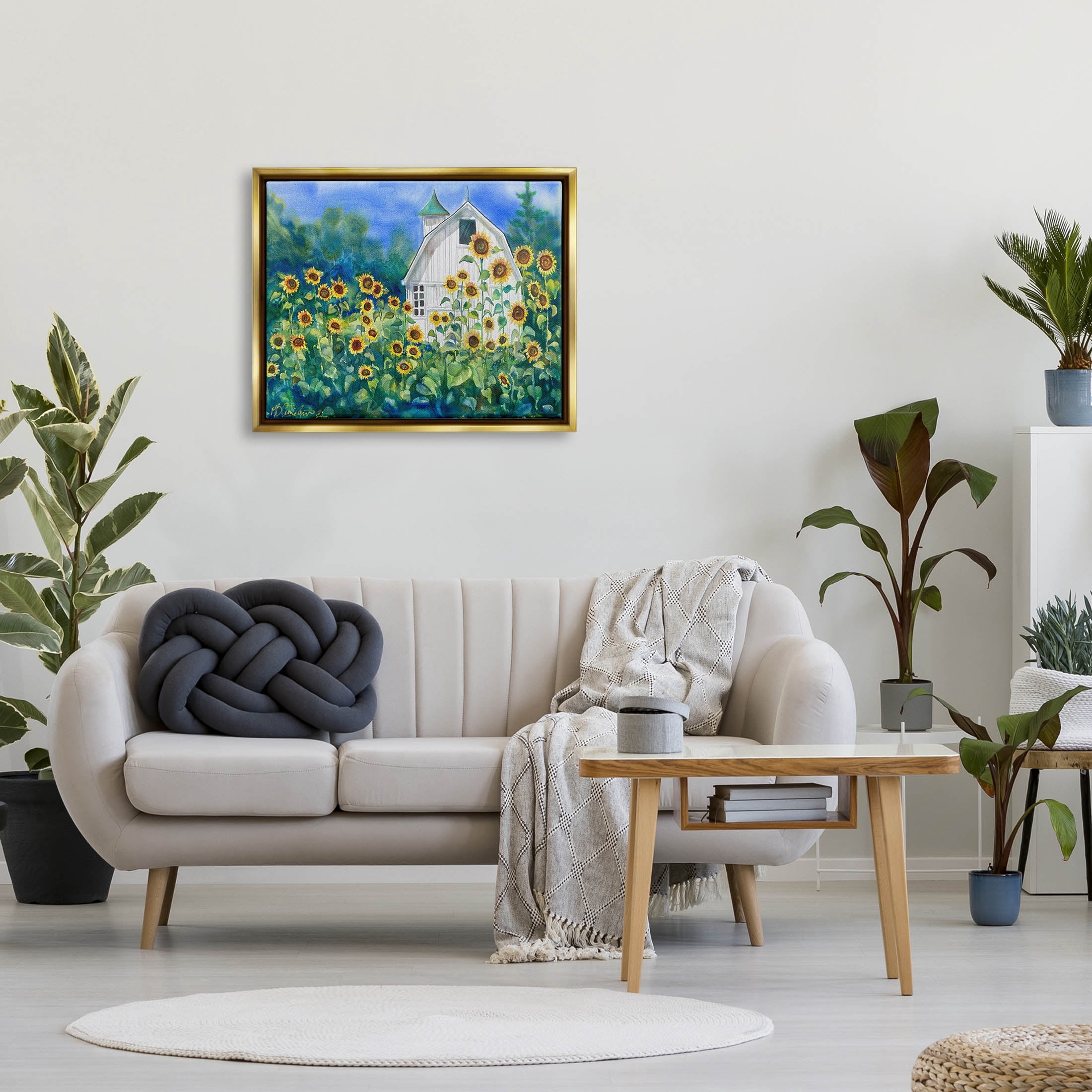 Tall Sunflowers Country Barn Landscape Painting Metallic Gold Framed Art Print Wall Art