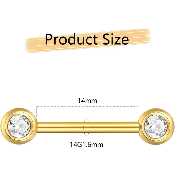 GHRTGR-14G G23 Titanium Internally Threaded Nipple Rings Gold Nipple Piercing Jewelry for Women 14mm