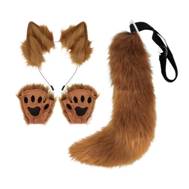Orejas y cola de zorro para cosplay para mujeres y niñas, accesorios de cosplay, disfraz de Halloween de peluche marrón