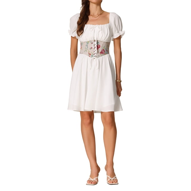 INSPIRAR CHIC Vestido Mini de Corsé para Mujeres Cuello Cuadrado Manga Corta Vestidos de Parches Fruncidos M Blanco