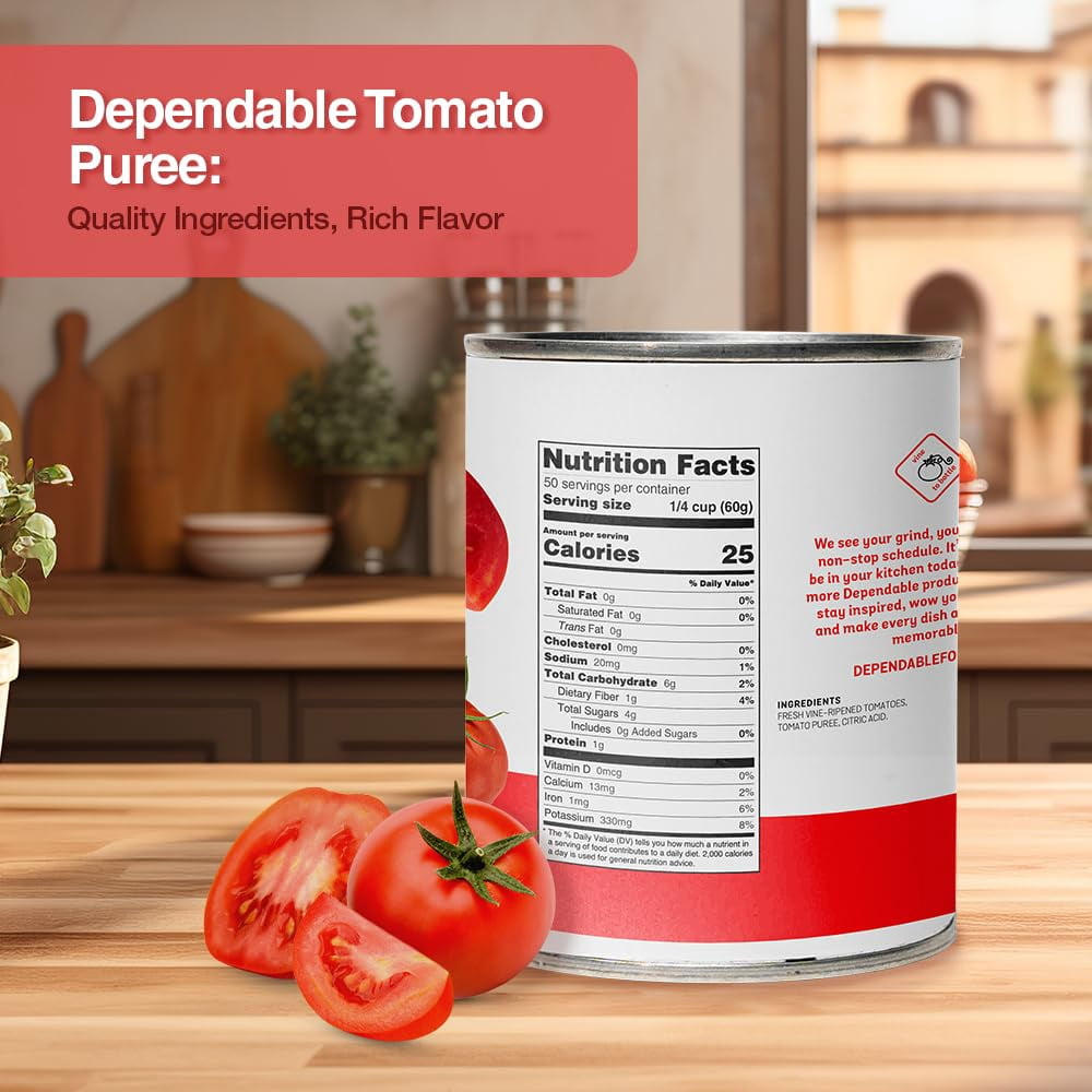 Dependable Food Tomato Puree, Kosher, Gluten Free, & Vegan Canned Tomato Puree, 6.62-lb Bulk Can