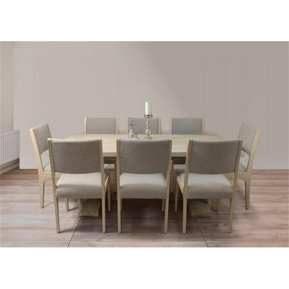 Benedict 81" Solid Wood Dining Set with 8 Ash Chairs in Silver Boucle Fabric