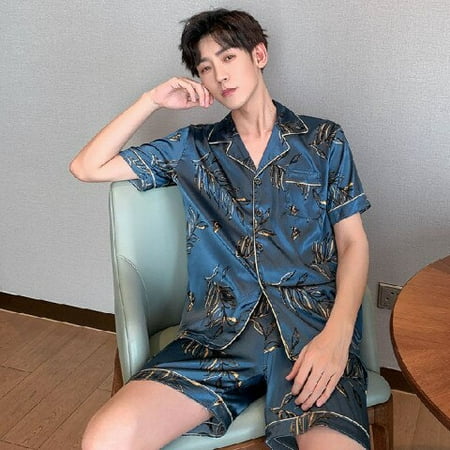 

PIKADINGNIS Mens Pajamas Set Summer Elastic Waist Men Sleepwear Silk Mens Short Sleeve Nightwear Print Top + Short Pant Homewear Set