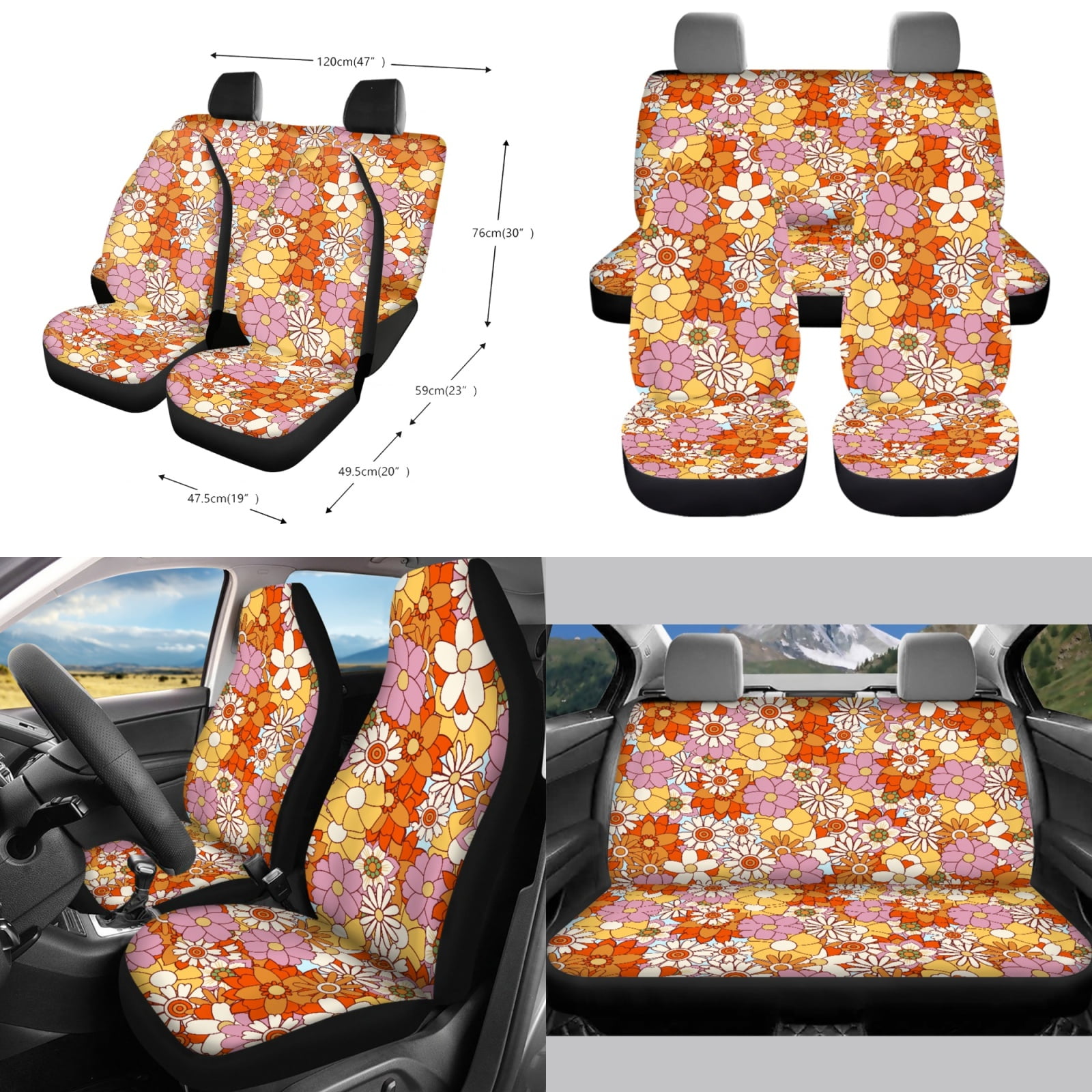 FORUDESIGNS Hippie Daisy Print 10 Pack Car Accessories Sets Scratch-Resistan Front Rear Seat Covers Car Trash Can Air Vent Pouch Steering Wheel Cover Cup Coasters Keychain for Vehicle SUV Truck