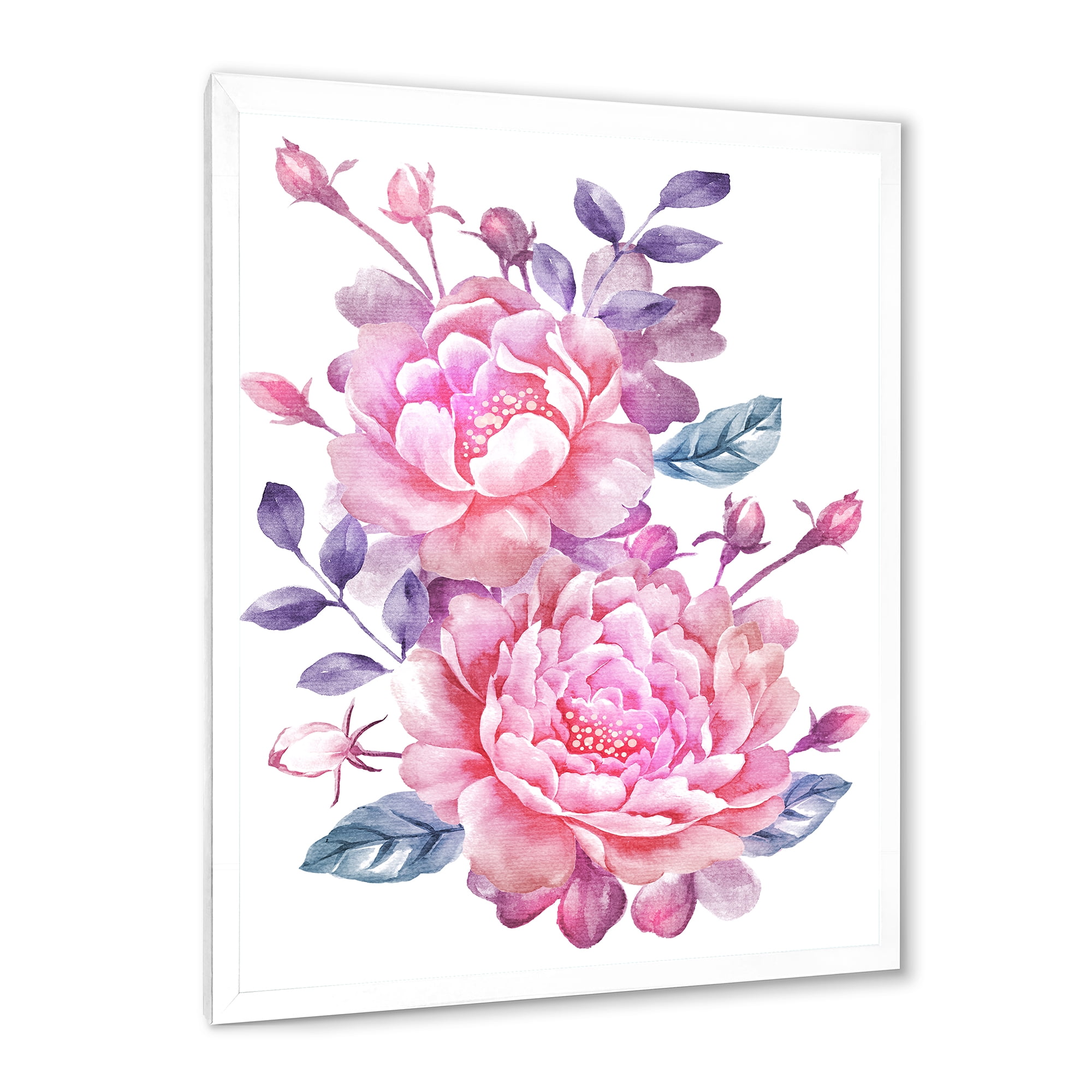 Designart 'Pink Retro Flowers With Blue Leaves On White' Traditional Framed Art Print