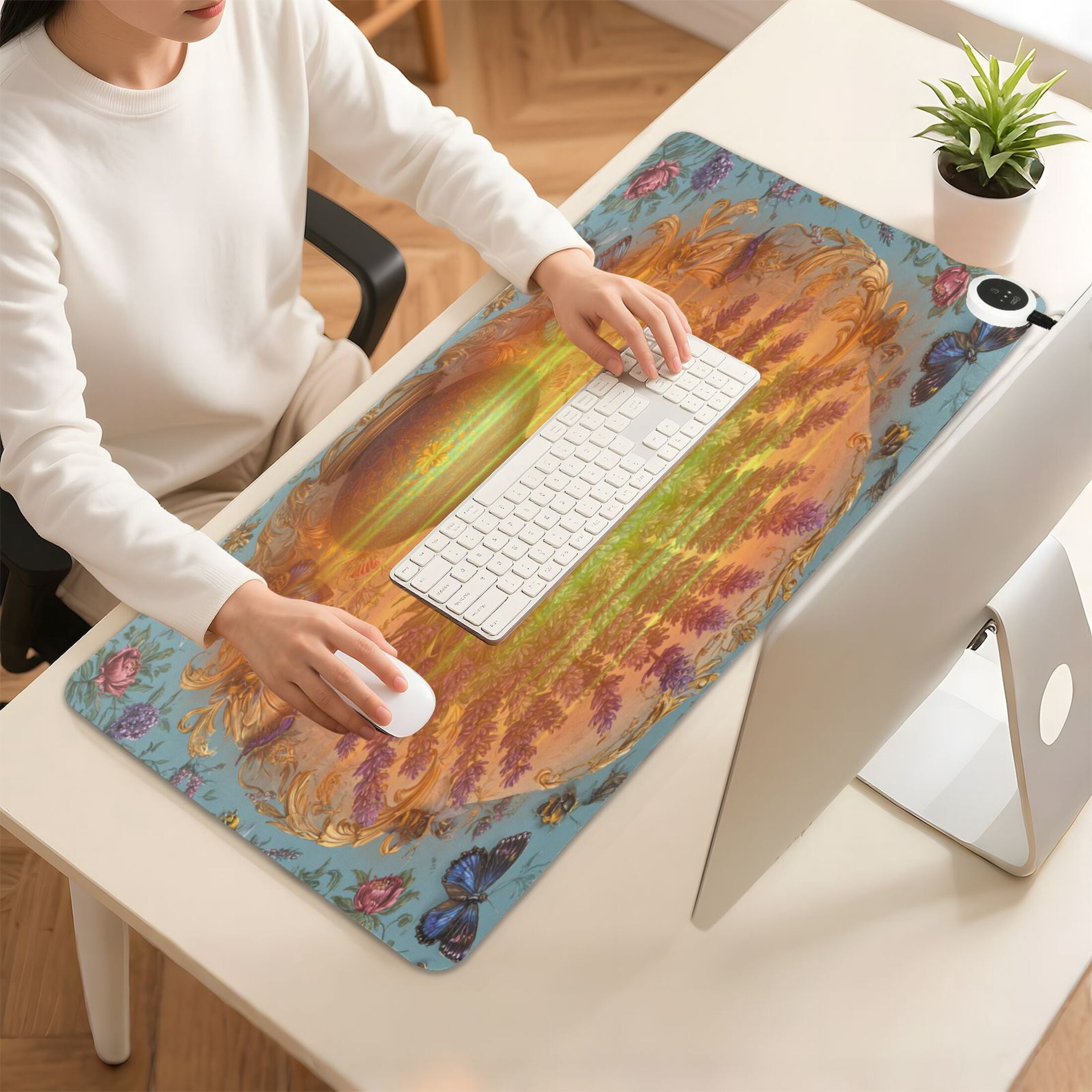 Large Heated Desk Mat Mouse Pad 31.5"x13"PU Leather Graphene Heating Desk Warmer with 3 Temperature Settings 110V US Plug Non-Slip Warm Pad for Home, Office, and Gaming Vibrant Lavender in A Vase