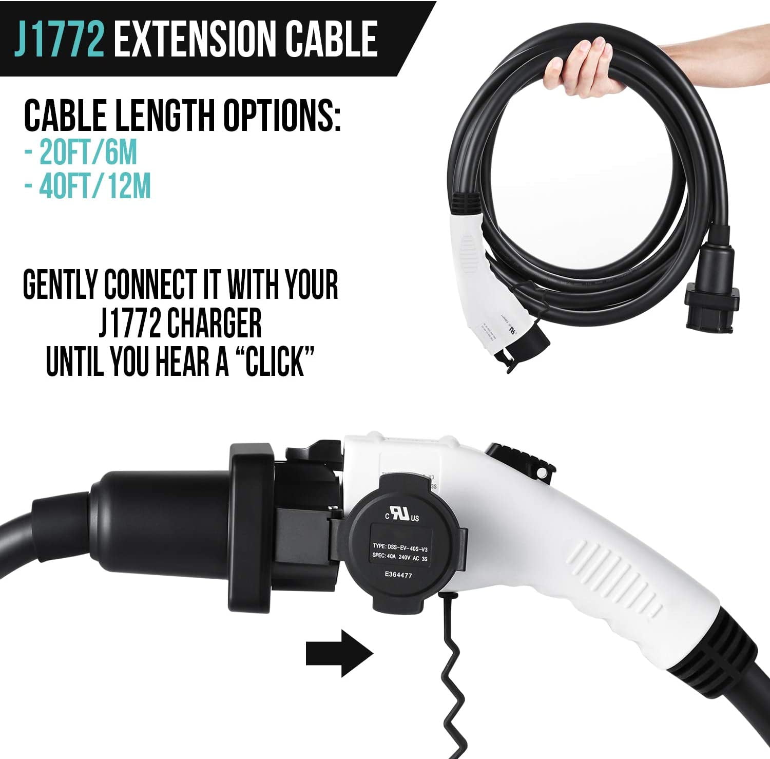 Lectron 20ft/6m J1772 Extension Cable Compatible with All J1772 EV Chargers  Flexible Charging for Your Vehicle