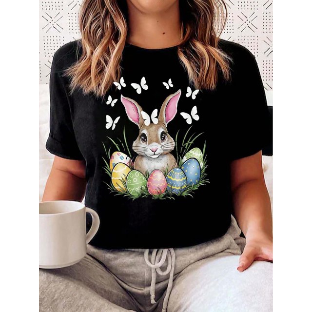 Camiseta estampada 100 % algodón para mujer, de manga corta y cuello redondo, para uso diario informal, 1 pieza, camiseta de ocio.