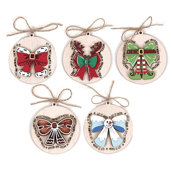 Luoshdecor 5Pcs Christmas Round Wooden Christmas Tree Ornament Holiday Hanging Pendant for Shelf & Office Holiday Gift