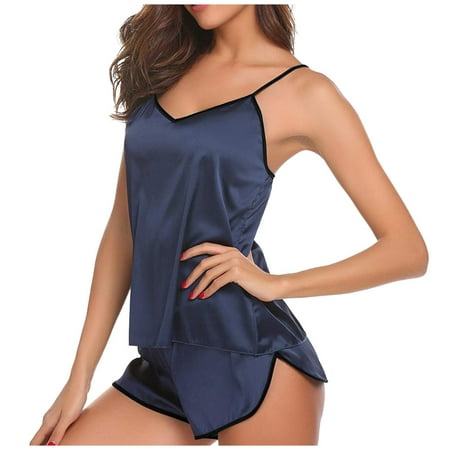 

wendunide lingerie for women Women s Underwear Satin Pajama Suspender Sleepcoat Shorts Lingerie Set Navy S