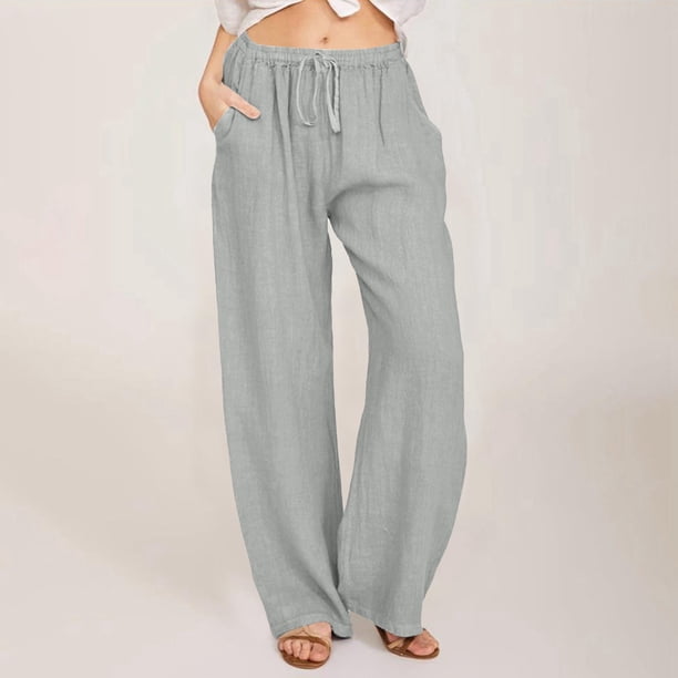 WILLBEST Pantalones Casuales de Lino Elásticos con Cordón Largo y Ancho para Mujer, Pantalones de Pierna Lisa para Cualquier Ocasión. Extra Grande