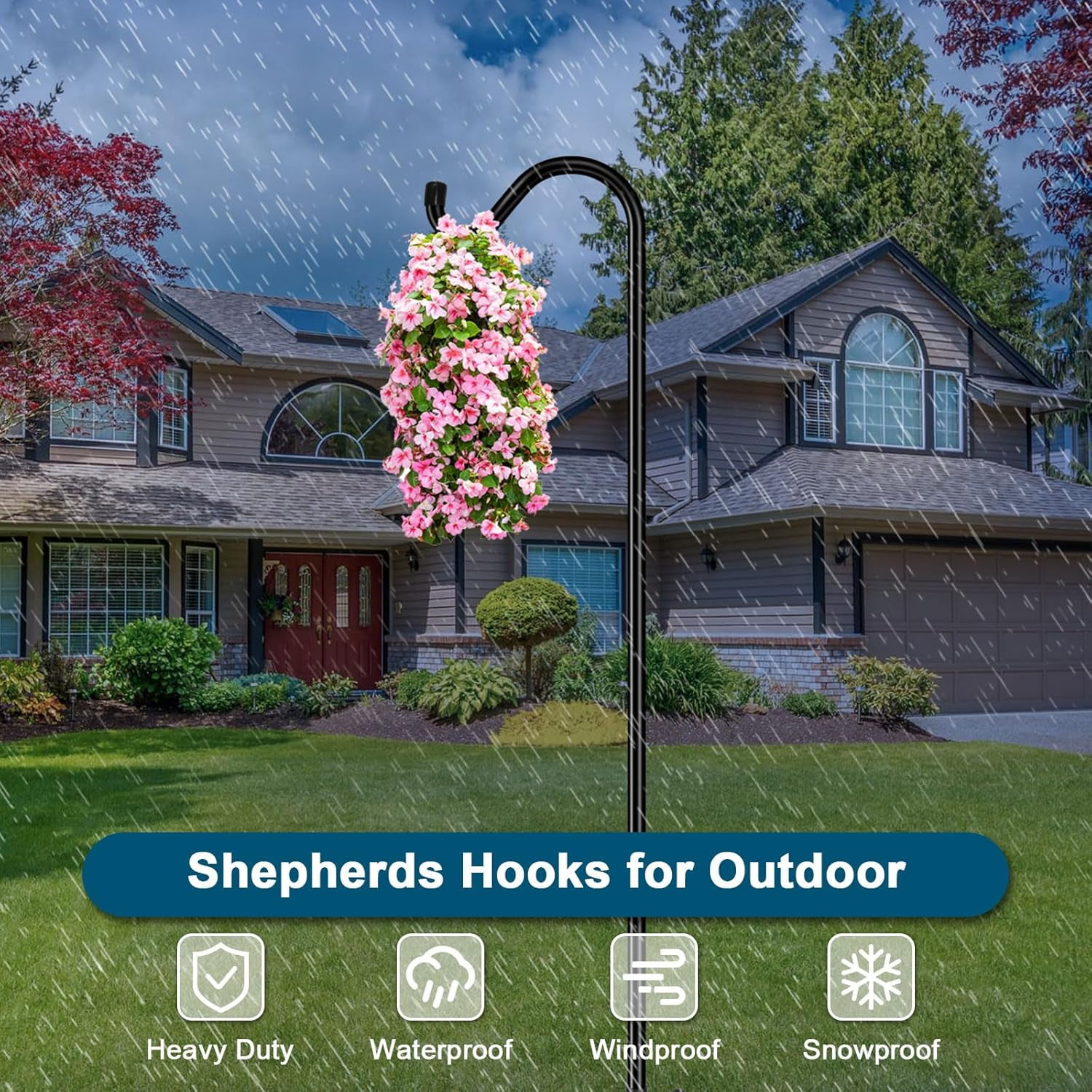 Shepherds Hook for Outdoor, 76 Inch Bird Feeder Pole with 7 Prongs Base, 3/4 Inch Thick Heavy Duty Adjustable Garden Hook for Hanging Plant, Hummingbird Feeder, Lantern, 2 Pack