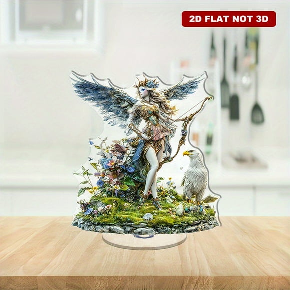 Rotating acrylic display features majestic fairy goddesses with bows and arrows and bald sea eagles in surreal, vibrant colors and intricate details