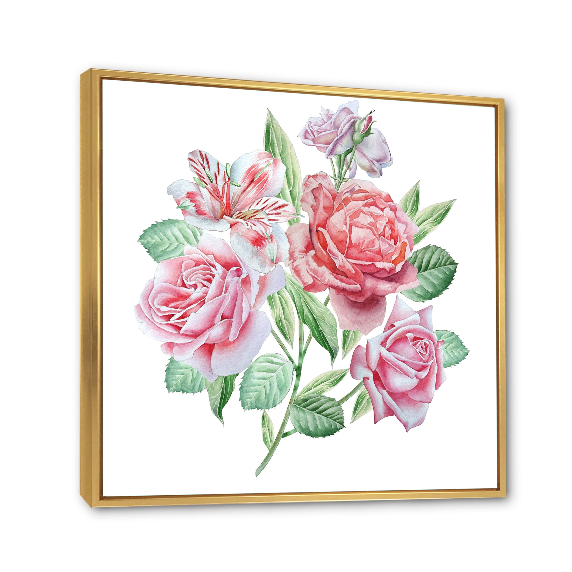Designart 'Spring Flowers Alstroemeria Pink Roses' Traditional Framed Canvas Wall Art Print