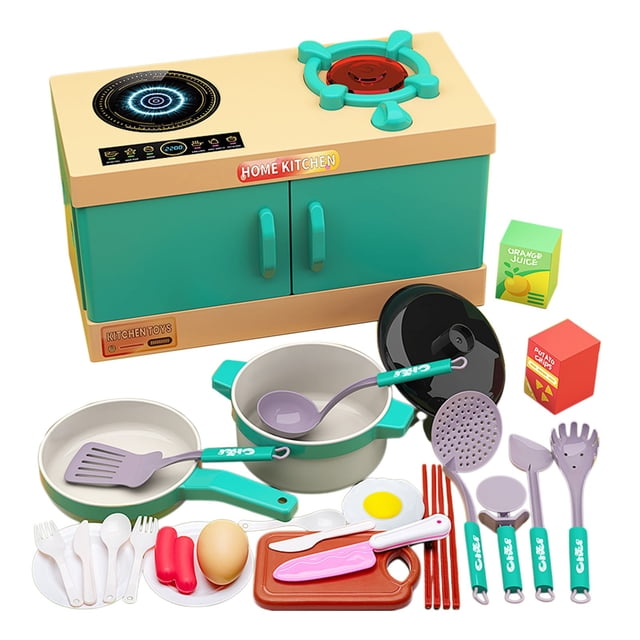 Juego de cocina infantil de 33 piezas: juego de cocina realista con estufa, comida de imitación, frutas y verduras cortables y utensilios. Juego de simulación educativo.