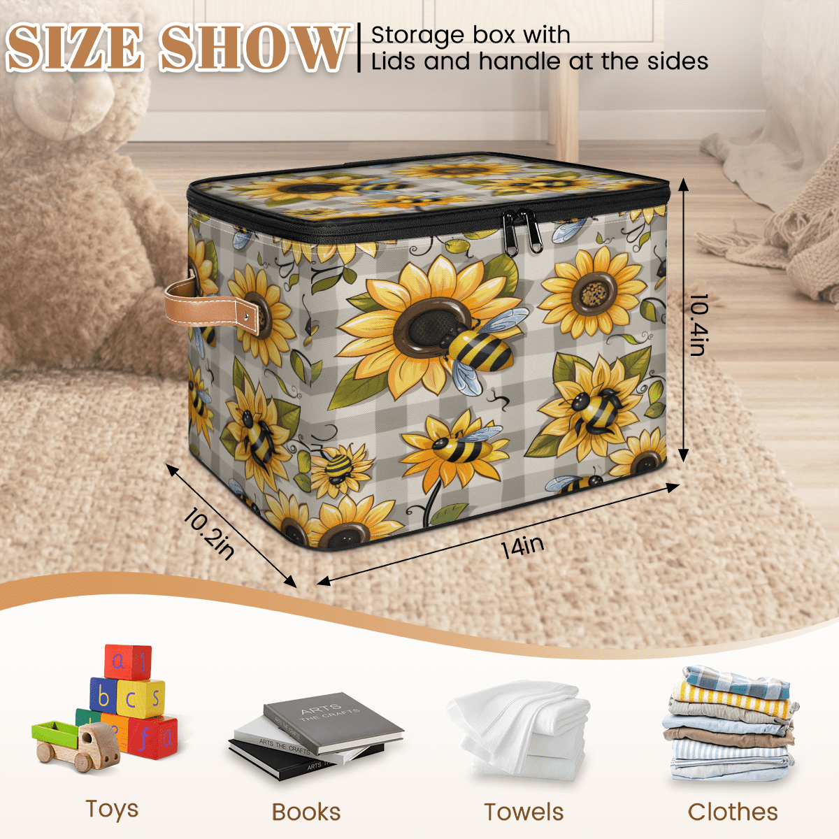 CURLYOOT Bee Fabric Storage Bins with Lids, Bee Floral Foldable Storage Boxes Washable Storage Cube, Closet Bedroom Home Organizer Containers with PU Leather Handles