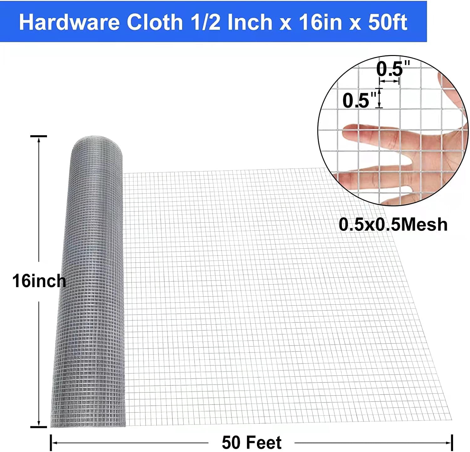 16 in×50 ft Welded Wire Mesh Galvanized Welded Cage Roll Chicken Wire garden net 1/2in