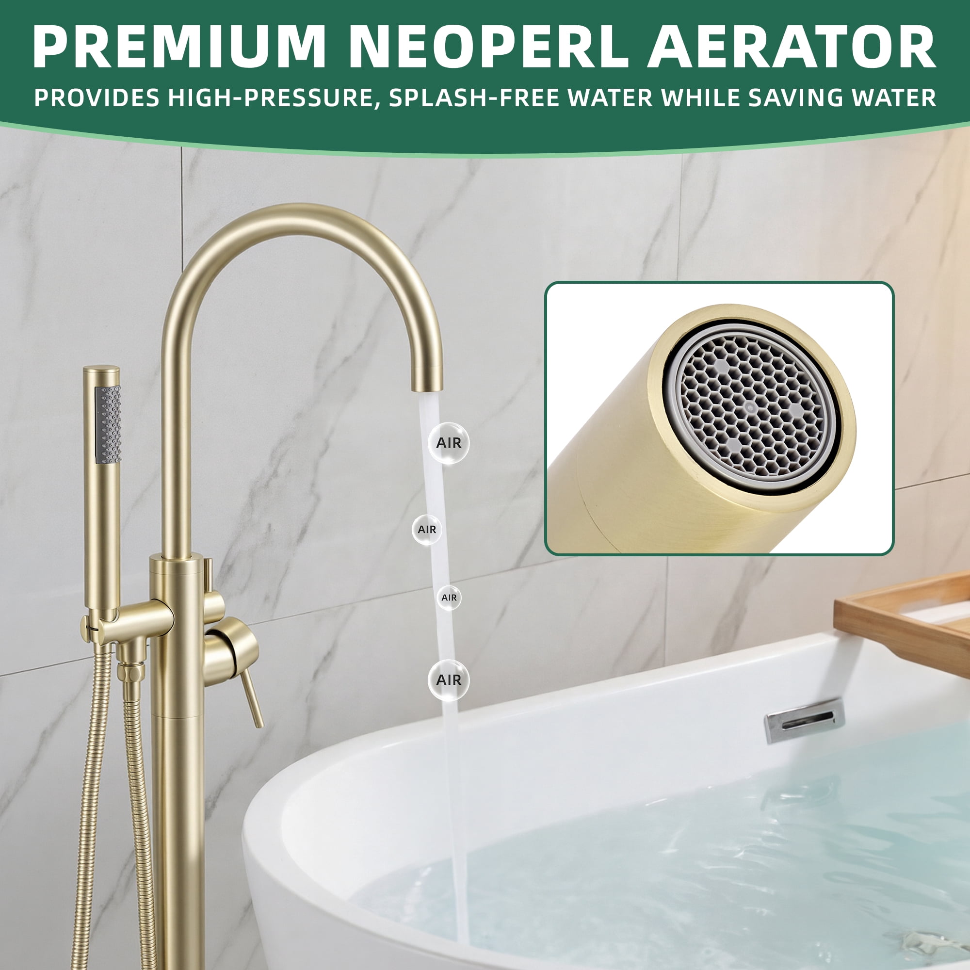 Free Standing Tub Faucet, High Flow Freestanding Bathtub Faucet with Handheld Shower & Gooseneck Spout, 360°Swivel Tub Filler, Brass Body, Brushed Gold