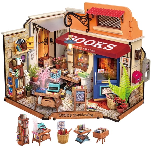 Robotime Bookstore Corner DIY Miniature House Kit,Wooden Dollhouse Building Sets with Light,Tiny House Craft Kits Gifts for Adults Teens