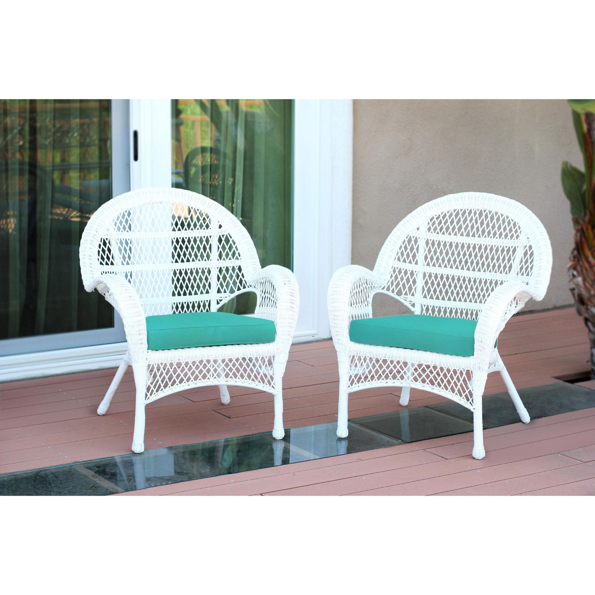 Set of 2 White Wicker Outdoor Furniture Patio Chairs - Turquoise